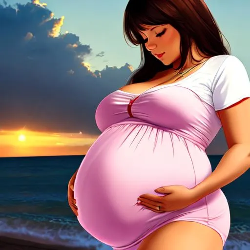 Prompt: a pregnant woman,cute,the baby is seen through her  belly,by ranix