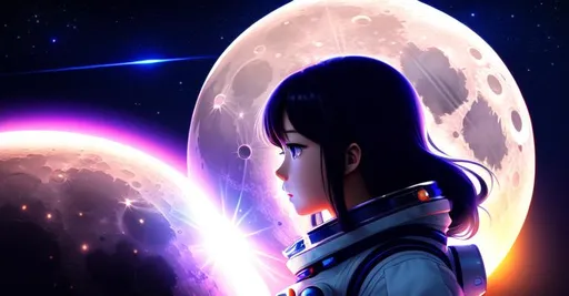 Prompt: 1 girl, anime,

anime woman on the moon looking into space, wearing a space suit, light from above, stars, stars visible, particles visible, moon, comet, night, twilight, hyper realistic detailed lighting, hyper realistic shadows,

hyper realistic masterpiece, high contrast, sharp focus, digital painting, pastel mix art, digital art, clean art, professional, contrast color, contrast, colorful, rich deep color, studio lighting, dynamic light, deliberate, concept art, highly contrast light, strong back light, hyper detailed, super detailed, render, CGI winning award, hyper realistic, ultra realistic, UHD, HDR, 64K, RPG, inspired by wlop, UHD render, HDR render