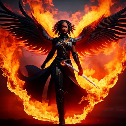 Prompt: Photo of black female with braided hair in flames human Phoenix rising up out  of the ashes, She has two swords in her hand, cinematic lighting, a movie poster