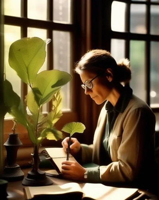 Prompt: Soft daylight streams in through tall arched windows, illuminating a biologist as she examines plant specimens under a microscope, taking notes in a leather journal. Old school academia. In the style of Irving Penn.