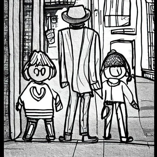 Prompt: A thin lined drawing of a man, hand in hand with his 10 year old twin daughters, one on each side of him, walking through a deserted shopping street by night.