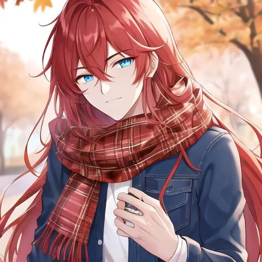 Prompt: Zerif 1male (long Red side-swept hair covering his right eye, blue eyes), highly detailed face, UHD, wearing a cozy flannel shirt and a pair of stylish jeans. In the park, fall.  wearing a scarf, looking up at the sky, in a pumpkin patch,  young adult. Handsome,  detailed, UHD, HD, 4K, highly detailed, red haze, masculine