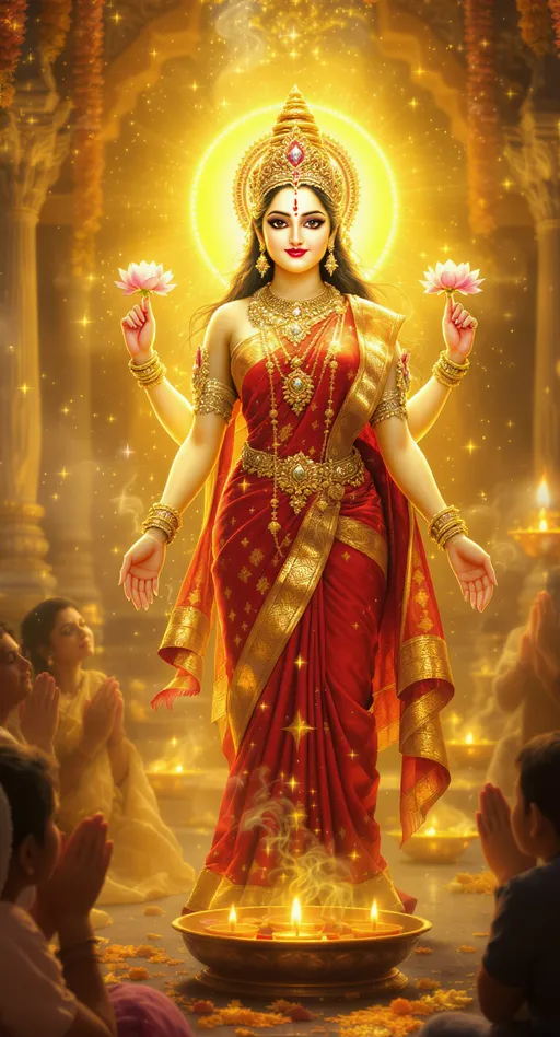 Prompt: A highly detailed, ultra-realistic 4K digital artwork of Goddess Ahoi Mata standing gracefully in a divine aura, glowing with golden light. The goddess wears a rich red silk saree with an intricate golden border, heavy gold jewelry including necklace, earrings, bangles, waistband, and a shining golden crown. Her expression is calm, kind, and motherly, with a soft divine smile. In her upper hands, she holds blooming pink lotus flowers; her lower right hand is in blessing gesture (abhaya mudra) and the left hand in protection mudra (varada mudra). Around her, several devotees — women and children — are kneeling with folded hands, praying with deep devotion. A small boy offers an aarti thali filled with glowing diyas. The background shows a softly lit Indian temple decorated with marigold garlands, diyas, and golden sparkles floating in the air. Warm golden lighting, cinematic composition, realistic skin texture, soft focus, volumetric lighting, divine spiritual atmosphere, Indian traditional festive vibe, ultra HD quality, depth of field, photo-realistic rendering.
