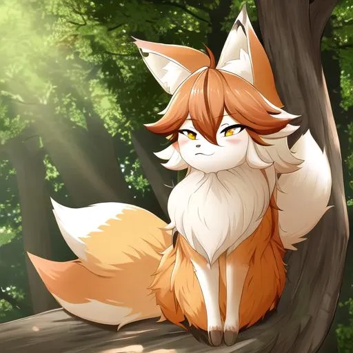 Prompt: a fluffy fox sits in the shade of a maple tree in the middle of a forest