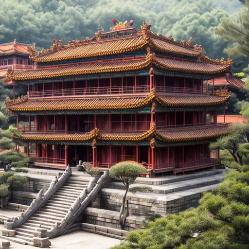 Prompt: ancient Mandarin Temple carried by a giant stone turtle