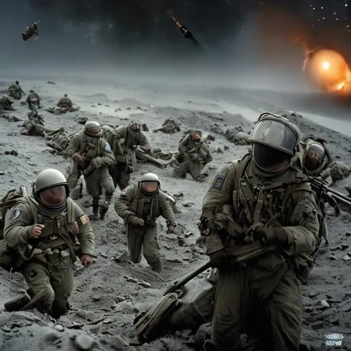 Prompt: saving private ryan, astronaut helmet, battle, moon, guns, d-day