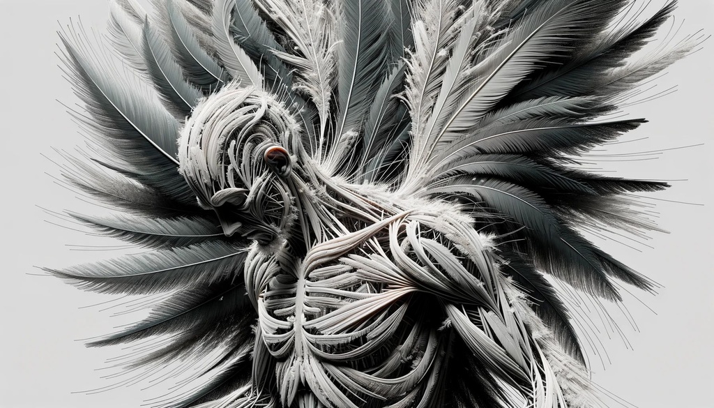 Prompt: 2D animation that delves into the depths of human anatomy, enhanced by artificial lighting and special filters. The anatomy, crafted from feathers and presented in light black and gray, is marked by tagging-like strokes. The piece exudes a raw, animalistic energy, and the artistic approach is reminiscent of the abstract expressionist movement and its iconic figures.