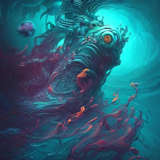 Prompt: "Imagine an AI-powered artist exploring the depths of a cosmic ocean. Through strokes of digital paint, it brings to life undiscovered sea creatures and vibrant underwater worlds that have never been seen before. Show me the masterpiece it creates as it unveils the mysteries of this imaginative aquatic realm."