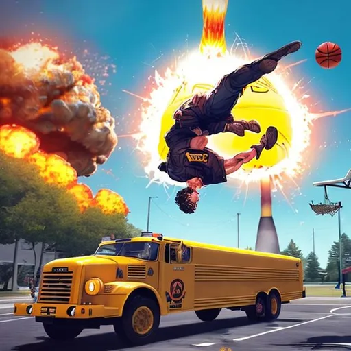 Prompt: Ronald mac donald doing a backflip while shooting at a nuke launcher while playing basketball and hockey and riding in a school bus on vacation