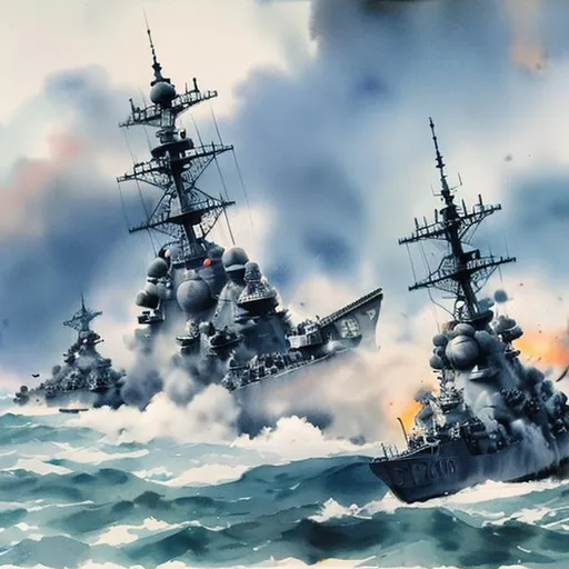 Prompt: Battle of Leyte Gulf in watercolor
