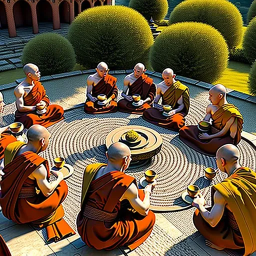 Prompt: A group of small male monks sitting in a circle drinking tea, HD, 4k, intricate