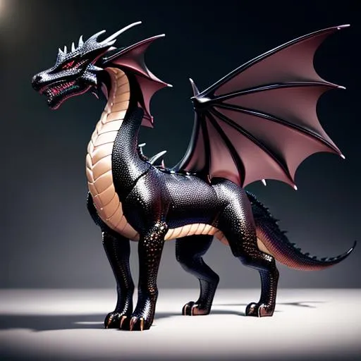 Prompt: Full body for a four-legged quadrupedal smooth skinned and scaleless black latex textured dragon, very glossy and shiny, reflective, perfect composition, hyperrealistic, super detailed, 8k, high quality, trending art, trending on artstation, sharp focus, studio photo, intricate details, highly detailed, Trending on Artstation, Cozy wallpaper, Pastel colors, soft lighting