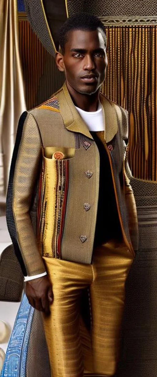 Prompt:  men's suit filled with pharaonic inscriptions mixed with a modern cut with Italian elegance