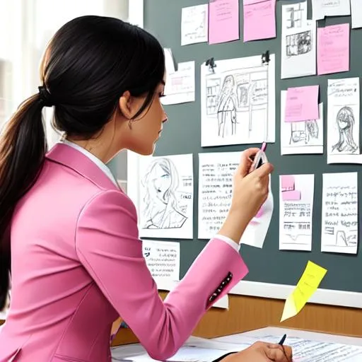 Prompt: Create a photorealistic picture that portrays a female designer in pink blazer who is completely surrounded by post-it notes and sketches, with a look of frustration on their face. The caption for the artwork should read "When you're the client and the designer and you can't seem to get on the same page." The female designer should be sitting at their desk, surrounded by a cluttered workspace filled with papers, markers, and other design tools. The photo style should use bold, vibrant colors to bring the scene to life, and should incorporate elements of humor and wit to capture the struggles of being a designer and their own client.