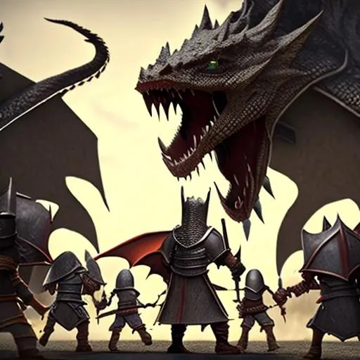 Prompt: a small knight with his friends defending their neighborhood from a a huge aincent dragon reminiscent of smaug from the hobbit
