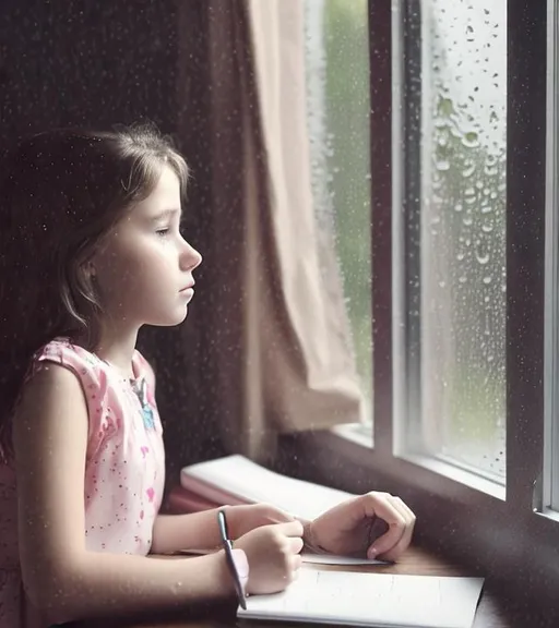 Prompt: A sad 6 years old brunette girl sitting at her desk next to a window in New Jersey at night, writing in her diary, looking out the window while it's pouring rain outside.