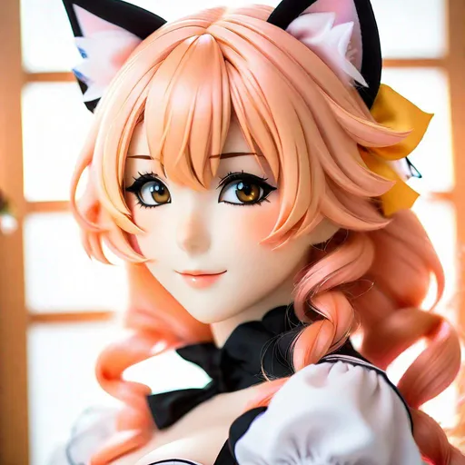 Prompt: Compose a close-up, high-quality, professional photographic portrait of a young neko girl with peach-colored hair and clear eyes, alluringly leaning towards the viewer in an otaku-styled room. The photograph should capture every detail of her face and expression, exuding an undeniable air of sensuality.

The subject, dressed in a revealing neko maid outfit, should be the central focus. Her clothing and aesthetic should be true to the classic maid attire but with a playful, feline twist, complete with neko ears and tail. Her pose, leaning forward to show a tasteful décolletage, should evoke an enticing charm.

Her face, tilting slightly towards the viewer, should be a canvas of enchantment. The light should subtly highlight her eyes, capturing their clarity and reflecting a playful allure. Her peach-colored hair, styled to suit her neko persona, adds to the image's captivating appeal.

The backdrop, an otaku-style room, should complement the scene's overall aesthetic. The room could be decorated with anime posters, figurines, and other otaku-related items, all blurred enough to keep the focus on the subject but visible enough to set the context.

The photograph should balance the character's enticing appeal with the rich, otaku culture context. From the subject's detailed facial expression to the room's otaku nuances, this image should artistically capture an intimate, alluring moment while paying homage to a passionate subculture