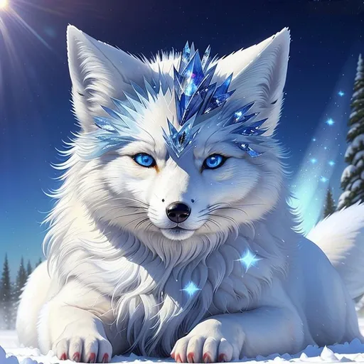 Prompt: (masterpiece, highly detailed oil painting, best quality, 3D, UHD), white fox-wolf hybrid, bashful hypnotic (sapphire-blue eyes), 8k eyes, lying in the snow, thick glistening frosted deep blue fur, thick lavish blue mane, emanating with blue aura, fluffy fox ears, white sparkles, sunlight beams, by Anne Stokes, artstation, featured on deviantart,
icon for an ai app,
detailed smiling face, looking at camera, Yuino Chiri, kitsune, header text, yee chong silverfox, beaming sunlight, extremely beautiful, lazy, (plump:2), insanely beautiful portrait, epic digital rendering, professional, symmetric, golden ratio, unreal engine, depth, volumetric lighting, rich oil medium, (brilliant auroras), (ice storm), full body focus, beautifully detailed background, cinematic, 64K, UHD, Yuino Chiri, intricate detail, high quality, high detail, masterpiece, intricate facial detail, high quality, detailed face, intricate quality, intricate eye detail, highly detailed, high resolution scan, intricate detailed, highly detailed face, very detailed, high resolution, perfect composition, epic composition