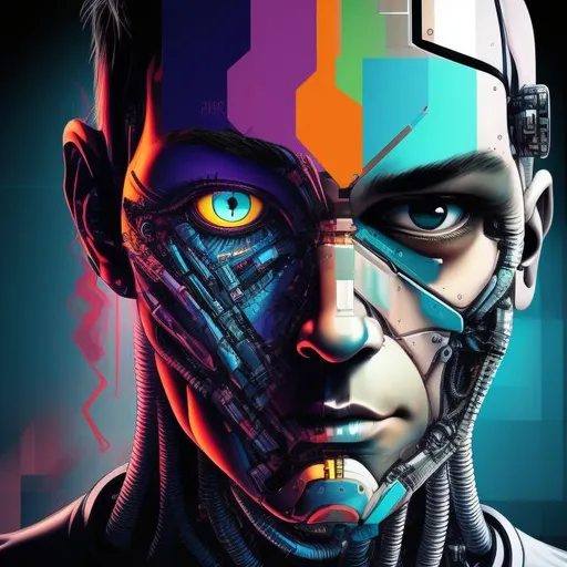 Prompt: half robotic half human face, colorful, artistic, smug