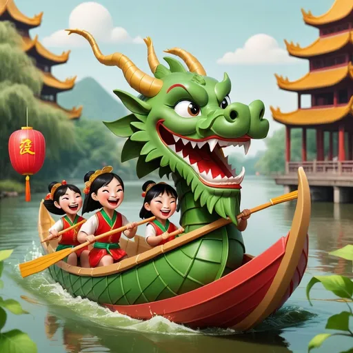 Prompt: Chinese Dragon Boat Festival. Please design an image with a dragon boat on a beautiful river with people smiling happily rowing the boat. Add elements of Chinese dumpling according to this festival. Theme colour should be green
