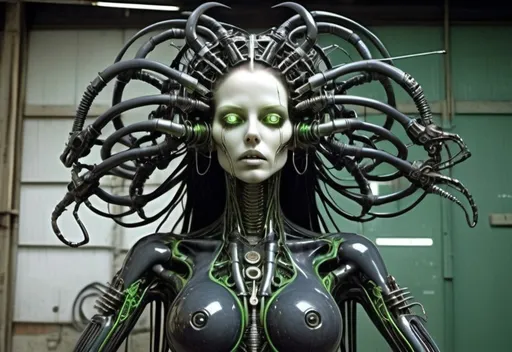 Prompt: celestial female goddess deformed cyborg glowing green eye tubes extended back end of head sinister biomechanical TV Planet inside a industrial building 1970's hideous soulless illusion inlays ultra realistic masterpiece perfection wires intertwining inserts teeth showing brain enhanced psychedelic HR Giger style necro holding assault weapon's 