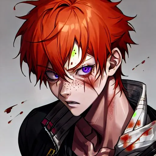 Prompt: Erikku male adult (short ginger hair, freckles, right eye blue left eye purple) UHD, 8K, Highly detailed, insane detail, best quality, high quality, anime style, covered in blood, covered in cuts, scars,