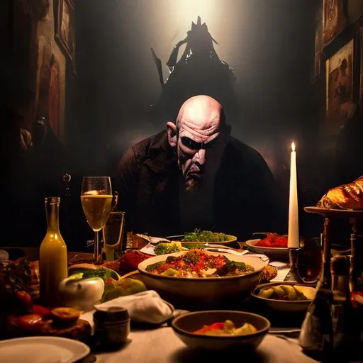 Prompt: A dinner looming menacingly over a man asleep in his bed at night.