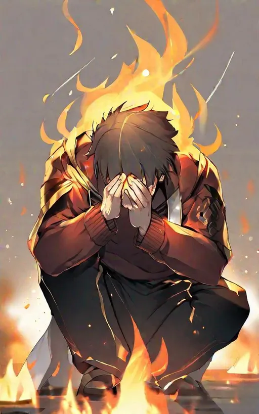 Prompt: man crying in the middle of flame, man crying, kneel down, tears, burning fire, burning, dark sky, open hand, gloomy tone, gold background