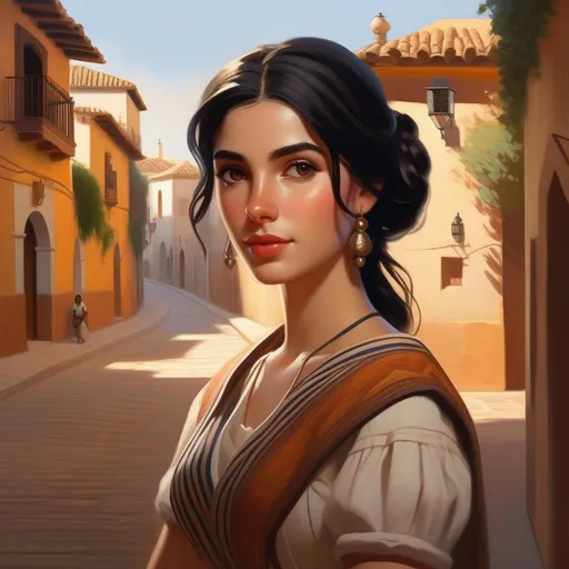 Prompt: Third person, gameplay, Cordoban girl, pale skin, black hair, brown eyes, historical distict,, Cordoba Vieja warm atmosphere, cartoony style, extremely detailed painting by Greg Rutkowski and by Henry Justice Ford and by Steve Henderson 

