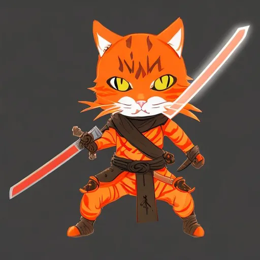 Prompt: Orange cat in ninja outfit +  wielding a katana blade + glowing red eyes