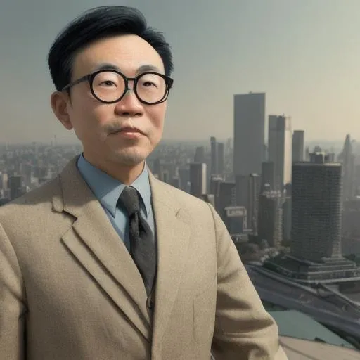 Prompt: Photorealistic 3D image of an asian man that collects art from the 1900s wearing big round glasses with a city in the background