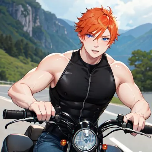 Prompt: Erikku 1male (short ginger hair, freckles, right eye blue left eye purple) muscular, riding a motorcycle