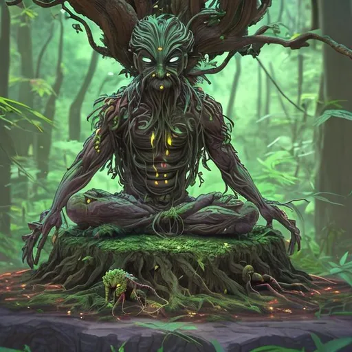 Prompt: A glowing God like being with six arms sits stoic on a tree stump. Young green plants twist around the being's many limbs. The rest of the dense forest sits in the background. Fireflies fly in the evening air. A few small animals are on the ground.