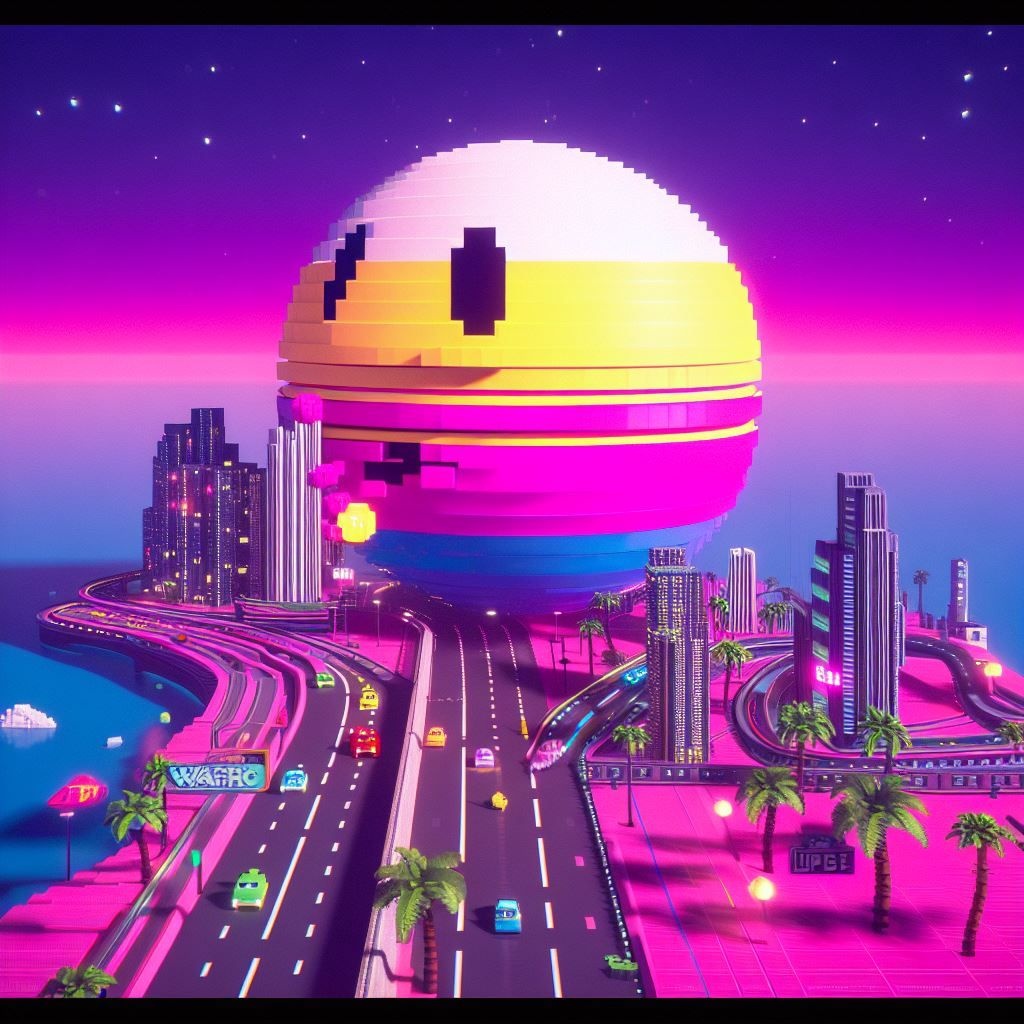 Prompt: the world of pac man screenshot thumbnail, in the style of rendered in cinema4d, vaporwave, cyclorama, felipe pantone, goro fujita, luminous spheres, outrun