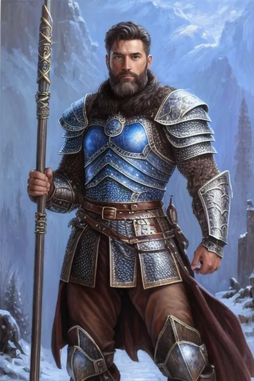 Prompt: oil painting, full body, strong muscular, handsome, male fantasy character, wears chainmail armor with blue accents, has short dark brown hair cropped above his ears and a short trimmed dark brown beard, blue eyes, armored boots, he holds a wooden quarterstaff.