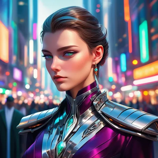 Prompt: (ultra-detailed) close up of an ambassador, (noble dress clothes), silk clothing and silver jewelry, vibrant colors, sci-fi atmosphere, lineless art style, striking facial features, sleek design, digital rendering, intense gaze, blurred city background, (4K resolution), dynamic lighting, otherworldly ambiance.