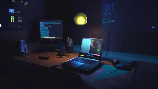 Prompt: A python programmer coding in vscode  with a monitor in at a table and CPU placed at floor in a room facing towards a black wall. There is a table lamp at the table and a guitar is placed near the cpu