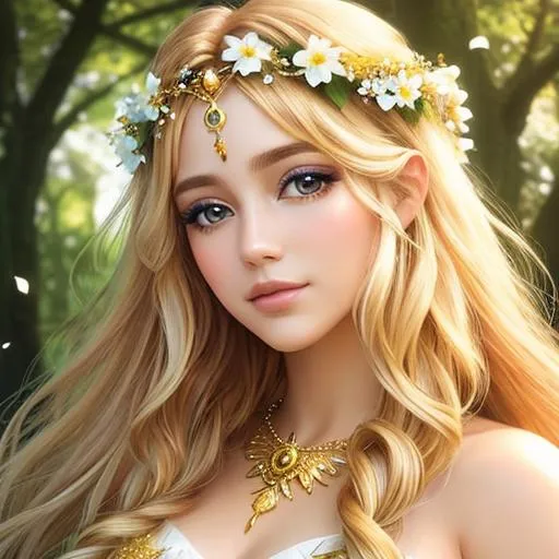 Prompt: fairy goddess of Springtime with golden hair with flowers woven into her hair, ethereal, facial closeup