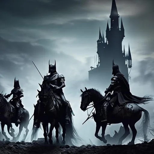 Prompt: dark knights on horseback approach a tall black castle with many spires.