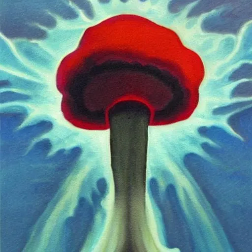 Prompt: mushroom cloud, Art Deco painting, realistic 