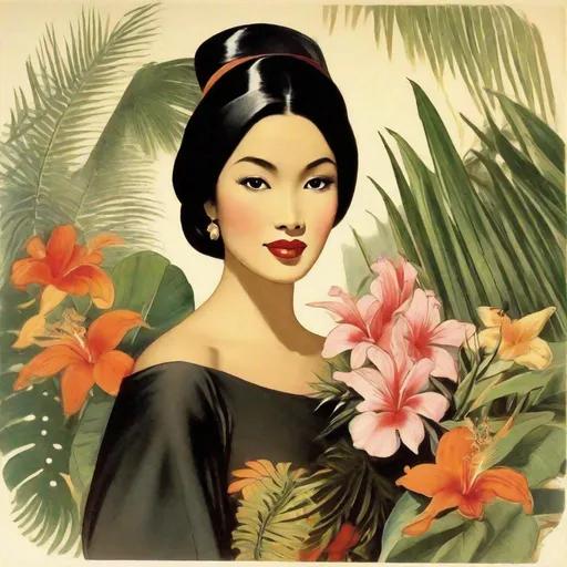 Prompt: (print), pretty young Indonesian woman with tropical flowers, (silk blouse, long black skirt), (round face, high cheekbones, almond-shaped brown eyes, slight epicanthic fold, short black hair, small delicate nose, slightly flattened nose bridge, wide nasal base, full luscious lips, light tan skin), perfect hourglass figure, by Patrick Caulfield