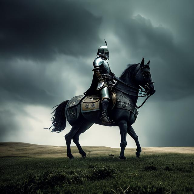 A lone knight rides onto a dark and stormy battlefield | OpenArt