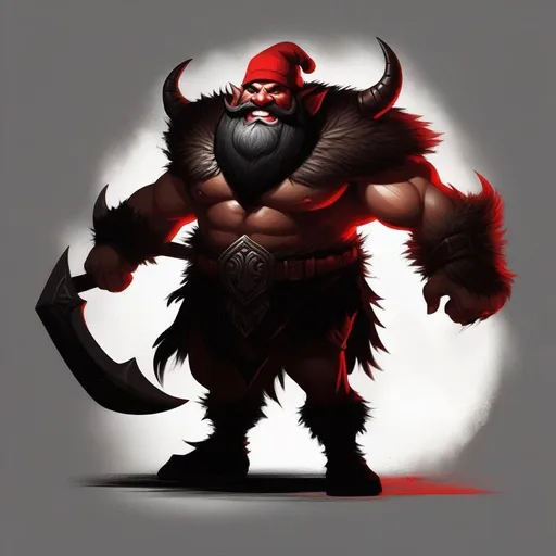 Prompt: portrait of a chonky dwarf as an evil creature, beefy, muscular, dark magic, terrifying face, beard, red hat, creepy pose, full body, dramatic lighting, dark and horror, dust, sharp teeth, huge smile, red eyes, intricate, wild, highly detailed, digital painting, artstation, concept art, smooth, sharp focus, illustration, art by artgerm and greg rutkowski and alphonse mucha, footage from space camera