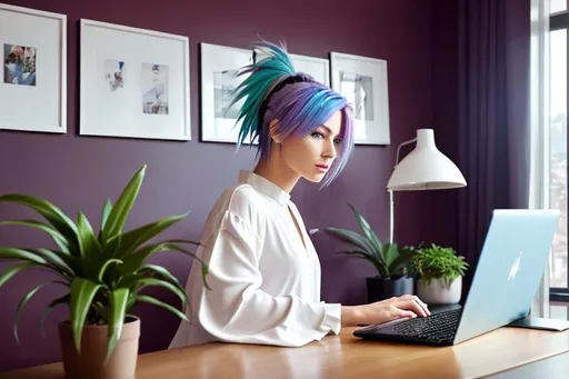 Prompt: androgynous woman with rainbow hair, blue eyes, delicate facial features wearing red square neck tunic with flutter sleeves looking at a high-end computer, large monitor, dream home office, cat, well-lit, beautiful view, photorealistic, orchid in bloom in pot on desk, dark red walls, bookshelves, busy