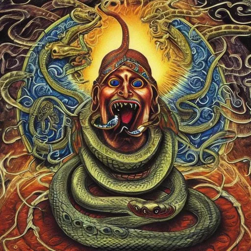Prompt: Kundalini serpent comming from a mans mouth, 3rd eye opened