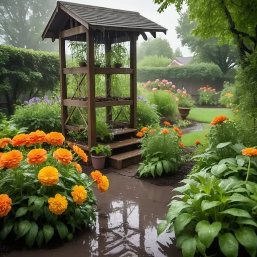 Prompt: Imagine a lush garden thriving under the gentle embrace of a summer rain. The scene is alive with vibrant greens, from the dark, waxy leaves of tomato plants to the delicate, pale green of newly sprouted herbs. Raindrops fall steadily from a gray, overcast sky, creating a soft, soothing patter as they land on leaves and petals. 

In the center of the garden, a gardener wearing a light blue raincoat, slightly worn and speckled with mud, kneels beside a bed of bright orange marigolds. Water drips from the brim of their wide straw hat, and their hands, covered in soil, gently work the earth around the plants, ensuring the roots have room to grow. Nearby, a wooden wheelbarrow, filled with freshly pulled weeds and rich, dark compost, stands under the shelter of a large oak tree, its leaves dripping with rainwater.

The rain intensifies slightly, turning the soil into a soft, dark brown clay, rich with the scent of earth and growth. Small puddles form in the low spots of the garden paths, reflecting the dark clouds above. The flowers—roses, daisies, and lavender—glisten with water droplets, their colors more vivid against the gray backdrop. 

A small bird, a robin, hops around in the wet grass, pecking at worms brought to the surface by the rain. In the background, a wooden trellis covered in climbing ivy stands tall, its leaves trembling under the weight of the raindrops. The entire garden feels alive, nurtured by the rain, with the promise of continued growth and blooming life.

The air is cool and fresh, filled with the mingling scents of wet earth, blooming flowers, and the unmistakable freshness of rain. Despite the weather, the scene is peaceful, a perfect blend of nature’s gentle rhythms and the quiet, purposeful work of gardening.