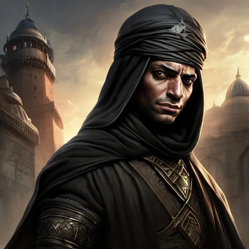 Prompt: photorealistic portrait of a good looking intelligent arabian bald man, black turban, black mage, arrogant, honourful, adventurer, scholar, black eyes, evil, medieval fantasy setting, the inner of a serail, dark lighting