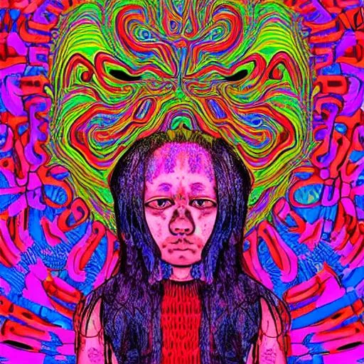 Prompt: A psychedelic portrayal of little girl stuck in an endless loop of suffering