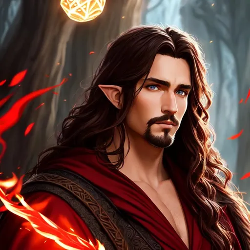Prompt: Combative druid,  gryphon, man, brown goatee, handsome mage in red and black robe, elf, long shining straight brown hair, bright blue eyes, beautiful d&d character portrait, dark fantasy, detailed, realistic face, digital portrait, intricate details, fiverr dnd character, wlop, artstation, hd, octane render, mage, robes