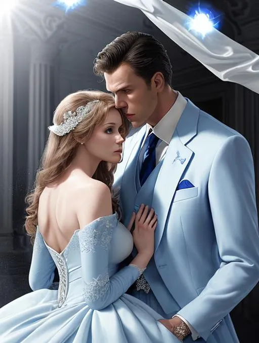 Prompt: romance book cover.  a posessive man blue suit try to protect the woman with white dress. highly detailed. dramatic light.  elegant. sharp focus